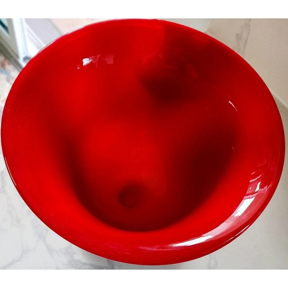 Red Orange Fire Blown Glass Bowl Vase Cobalt Blue Pedestal Base